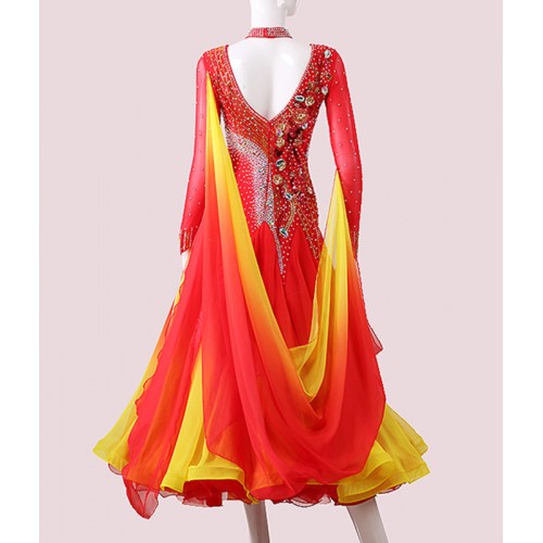 Custom size red with yellow gradient competition diamond ballroom dancing dresses for women girls waltz tango foxtrot smooth dance long skirt rhythm dance long gown for lady